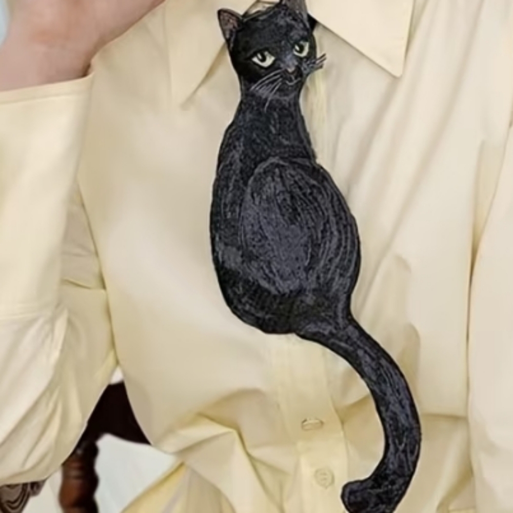 NEW Black Cat Embroidered Tie Necklace Necktie 👔